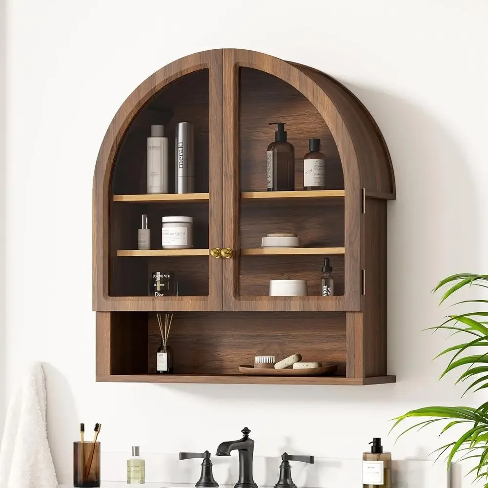 Elegant Arched Wall Cabinet with Open Shelves, Wood Bathroom Storage with Clear Acrylic Door, Adjustable Shelf Hanging Cabinet i