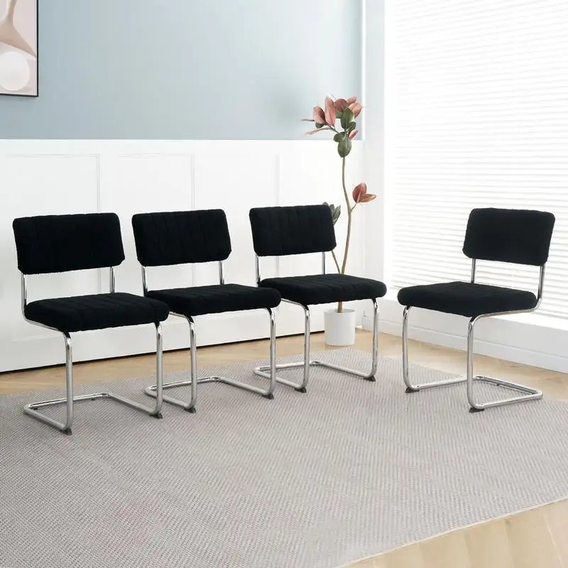 Modern Simple Light Luxury Dining Chair Set of 4 - Black Bow Chairs with Metal Legs (Silver) for Family, Bedroom, and Student