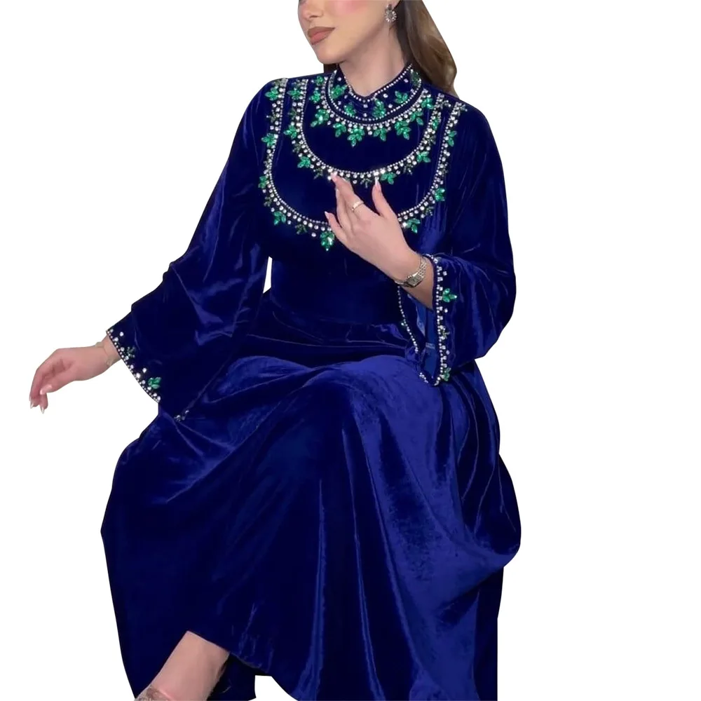 Dubai Abaya 2024 Autumn Elegant Muslim Long Sleeve Blue Party Evening Long Abaya Muslim Dress Women Outfits Abaya for Women