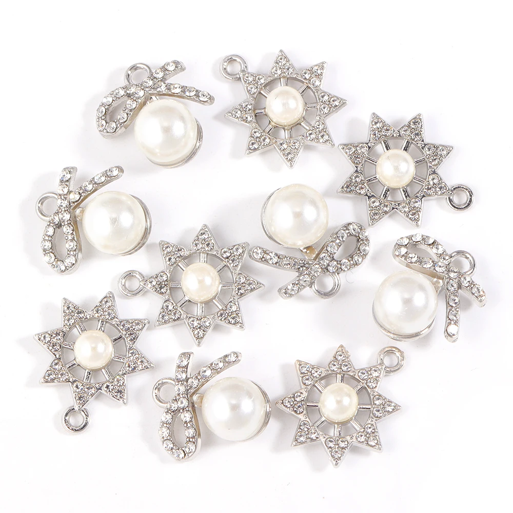 Peixin 15Pcs Rhinestone Bow Star Pearl Pendants Silver Plated DIY Jewelry Making Supplies for Handmade Craft Findings