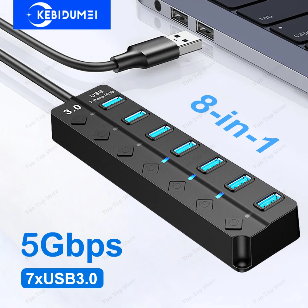

Концентратор USB 3.0, 5 Гбит/с, высокоскоростной 7-портовый USB-концентратор, несколько расширителей, мульти-разветвитель USB с независимым переключателем включения/выключения для ПК