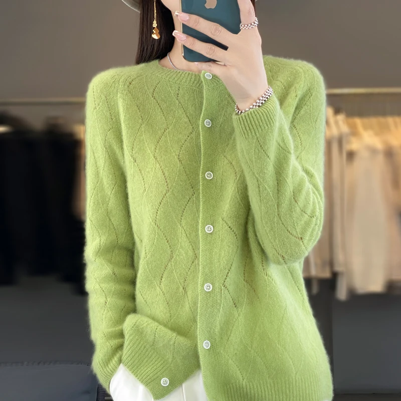 100% czysty sweter z wełny damski kardigan z okrągłym dekoltem z pustym kaszmirem sweter kurtka cienka dzianina sweter luźny wszechstronny sweter
