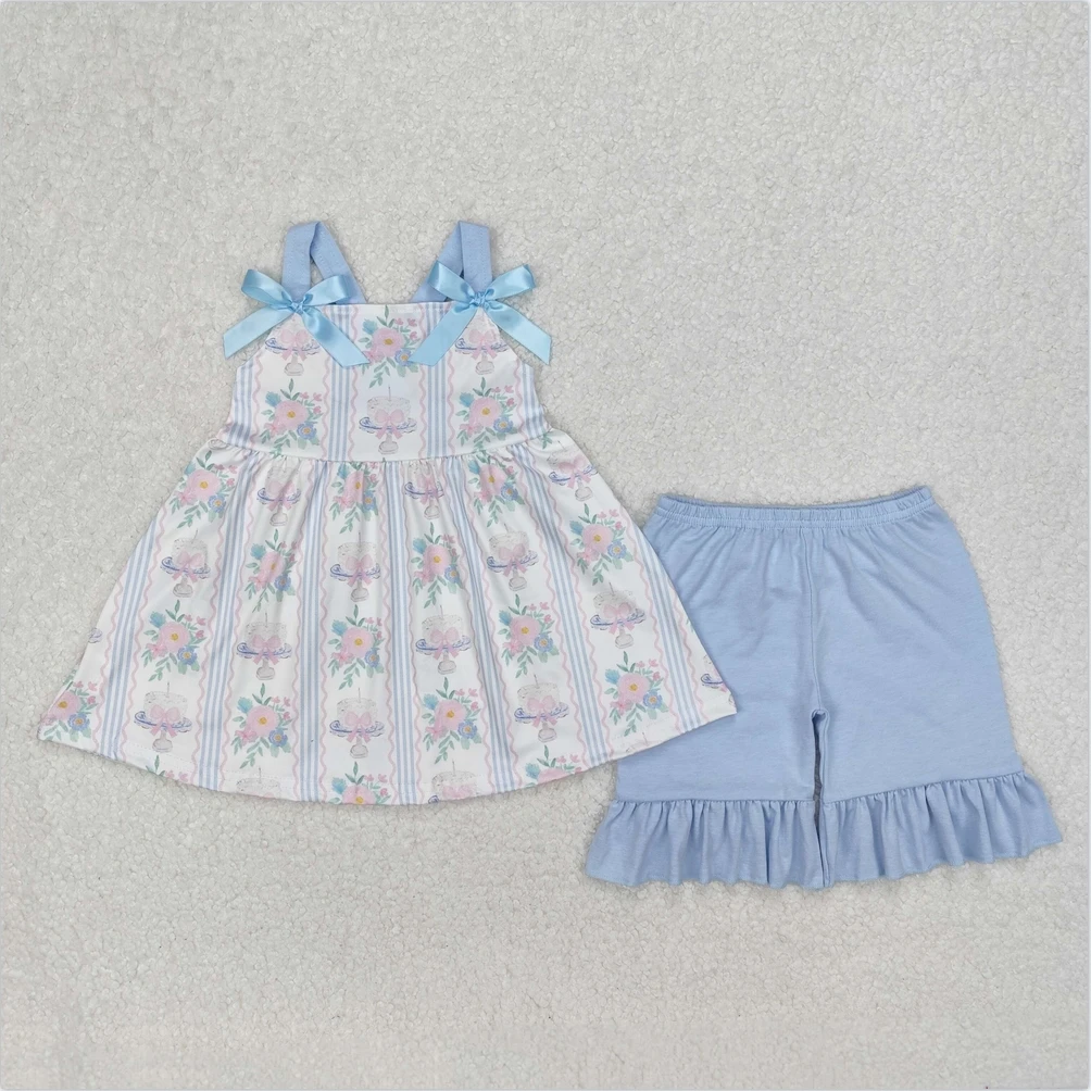 

Wholesale Baby Girl Summer Flutter Sleeves Blue Flowers Shirt Toddler Kid Short Clothes Outfits For Children Kids Clothes Sets