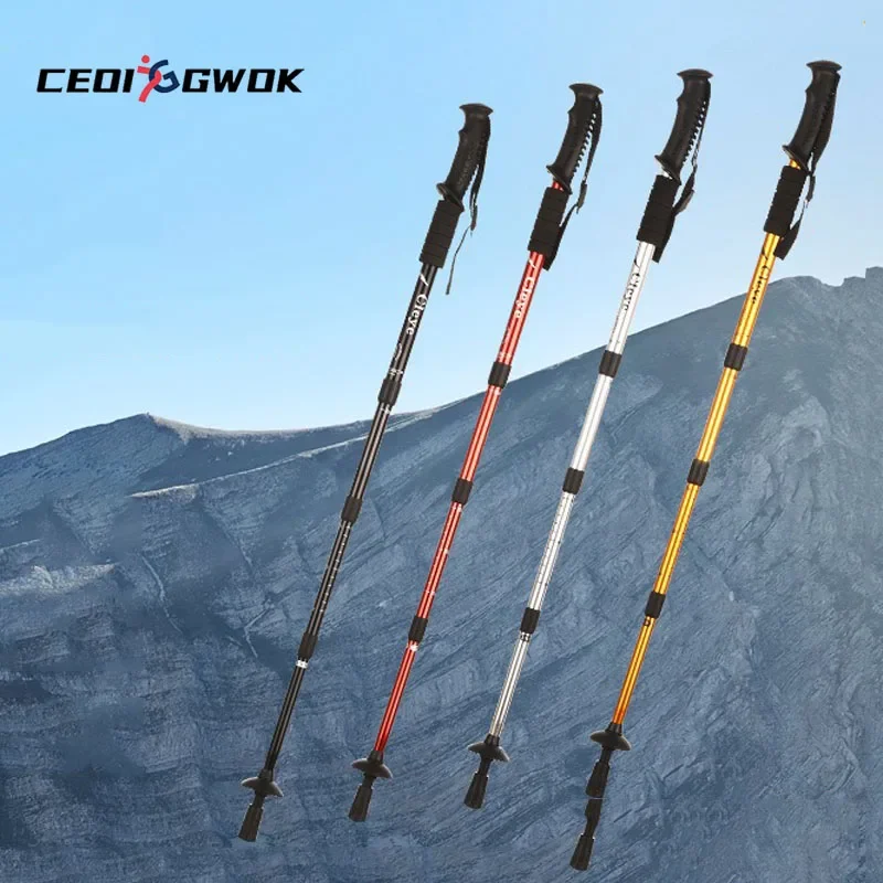 CEOI GWOK Trekking Pole Shockproof Trekking Poles 4Section Telescopic Straight Shank Anti-Slip Grip Outdoor Hiking Walking Stick