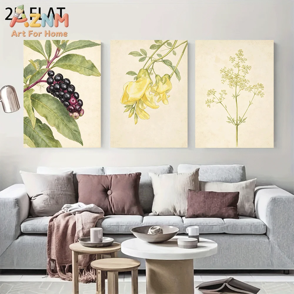 AZNM Frameless Canvas Wall Art, Vintage Botanical Berry Yellow Flower Print, Antique Watercolor Plant Wall Decor for Living Room