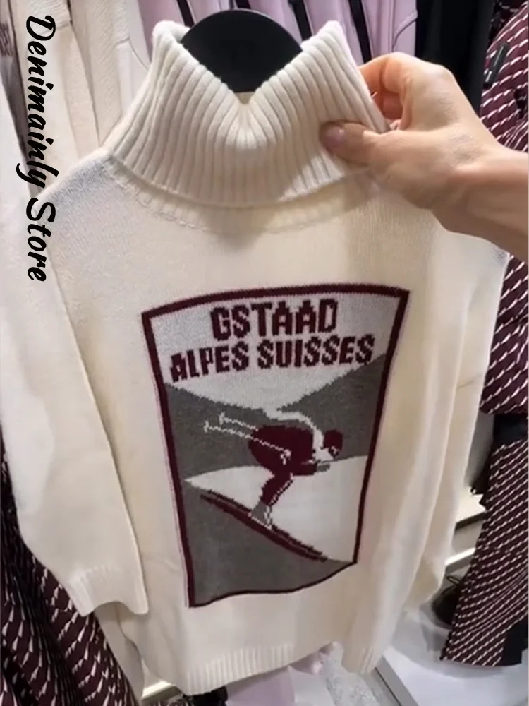 

Casual White Turtleneck Knit Sweater Women Ski Print Street Long Sleeve Warm Pullover 2025 Autumn Winter Lady Knitwear 2026 New