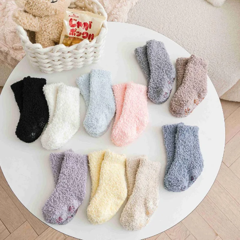 10 pairs of coral wool winter thick socks, warm, comfortable, soft, candy color, baby non-slip, foot spot non-slip floor socks c