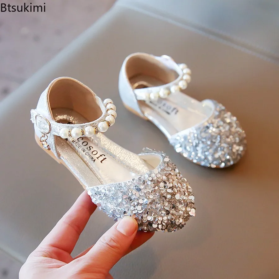 Girl's Sprincess Shoes Sequins Pearl Gold Pink Summer Children Sandals Cover Toe 21-36 Toddler Fashion Party Dance Kids Flats
