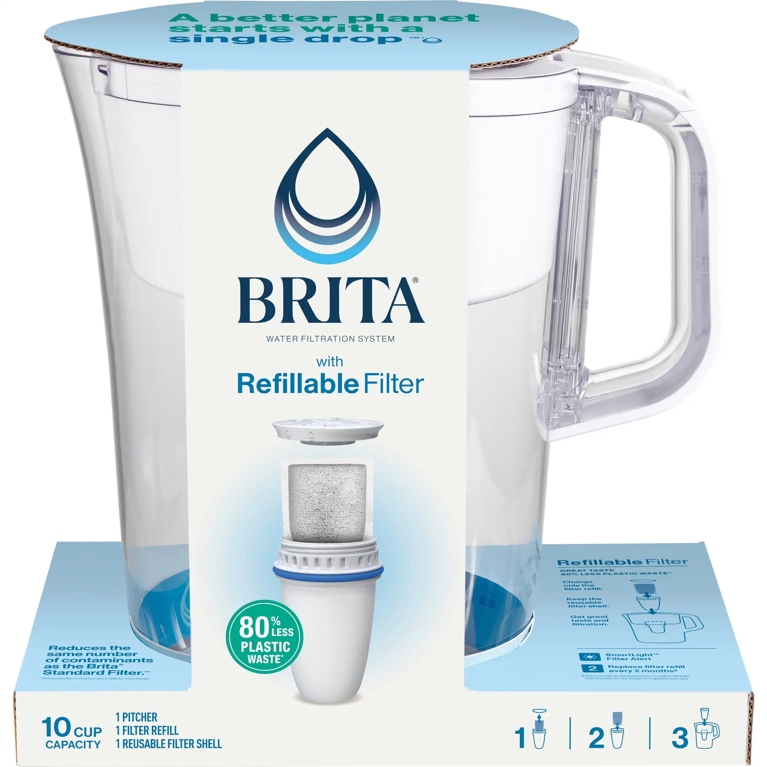 

Refillable Water Filtration System with Large 10 Cup Pitcher, Tahoe, and 1 Refillable Filter