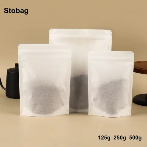 StoBag 50pcs White Cotton Paper Coffee Beans Bag Packaging with/No Valve Heat Sealing for Powder Nuts Storage Stand Up Pouches