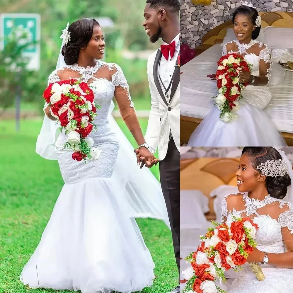 맞춤형 고객 유사 상품 플러스 사이즈 머메이드 웨딩 드레스 시스루 주얼 넥 롱 슬리브 플라워 레이스