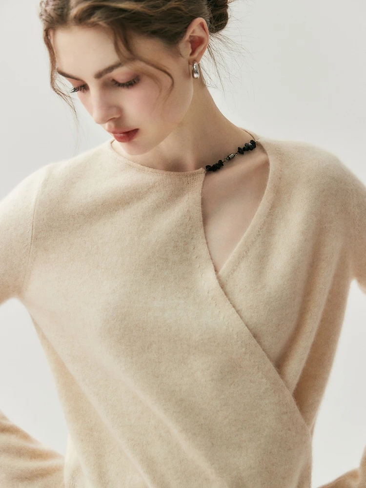 CHICUU 女性 100% カシミヤセーター O ネックカットアウトクロスカラープルオーバー秋冬グレーススタイルカシミヤニットウェア服