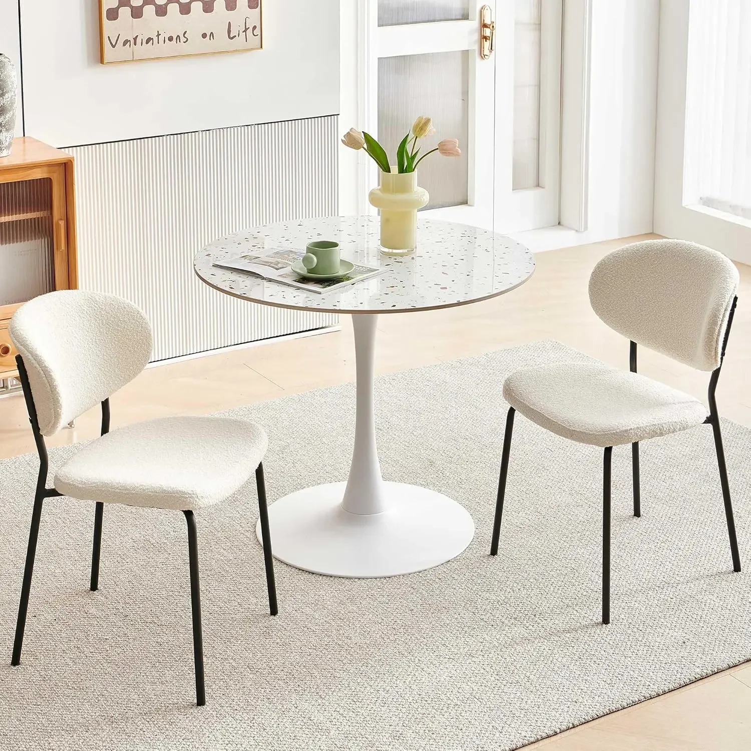 NORDICANA 3 Pieces Tulip Dining Set, 35 Inch Sintered Stone Marble Round Dining Table and Chairs Set for 2, White Boucle Open Ba