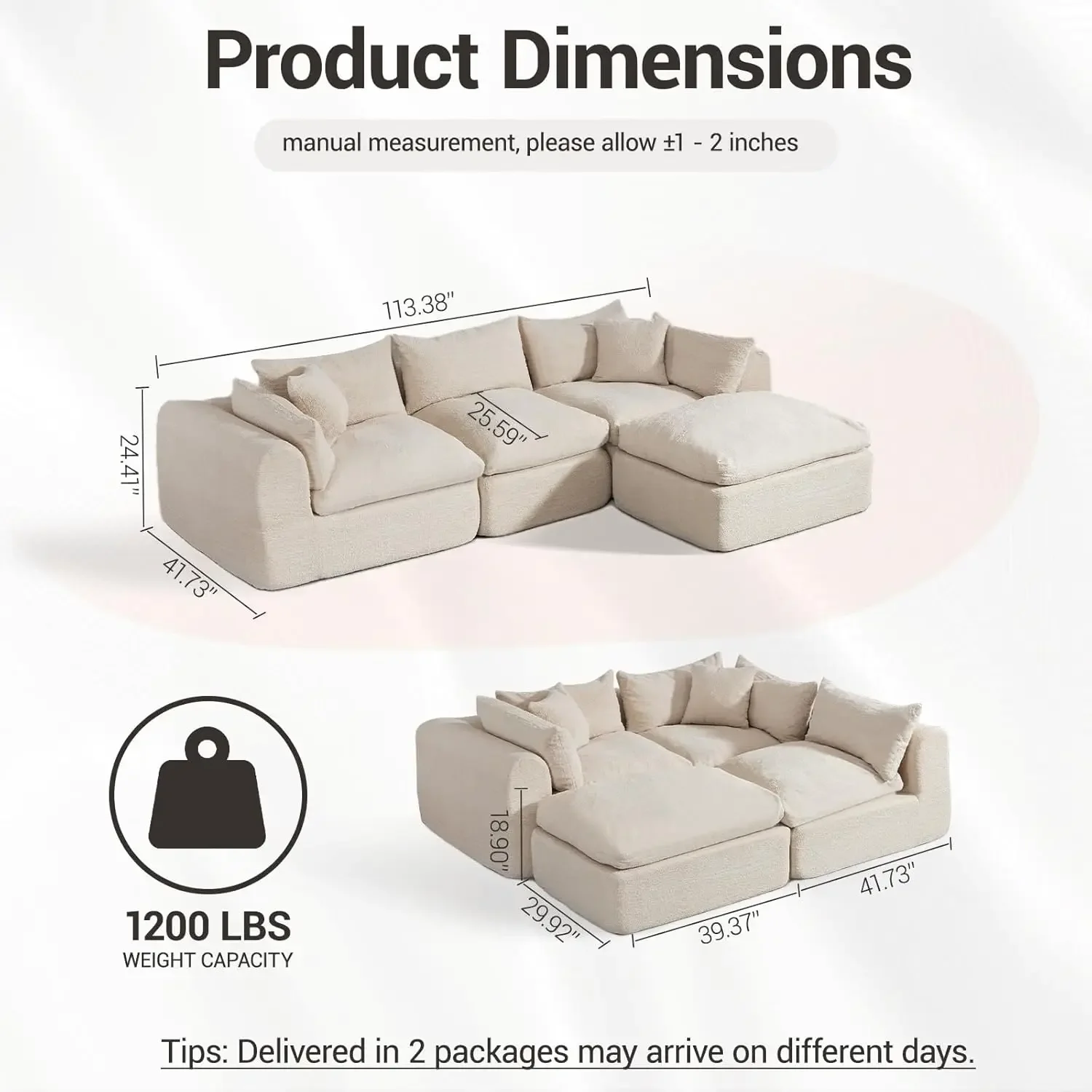 Cloud Boneless 113'' Sofa Couch Deep Seat Modular Sectional with Ottoman Customized Living Room Furniture image 6