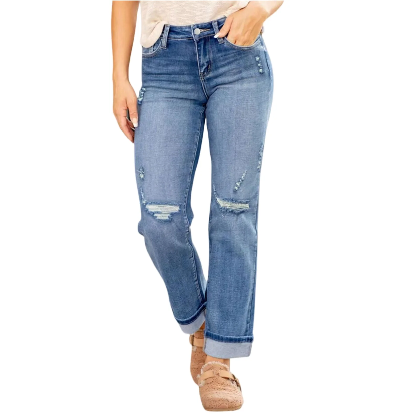 

Denim Flare Pants Women Hole Jeans Boot Cut Stretch Elastic Waist Distressed Washed Streetwear Ankle Length Trousers 2025