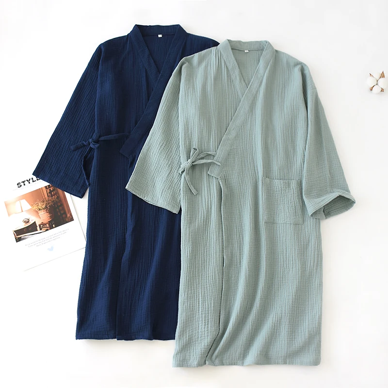 Spring Autumn Japanese Nightgown Pajamas Pure Cotton Gauze Washed Large Size Loose Kimono Bathrobe Home Dress Bathrobe Yukata