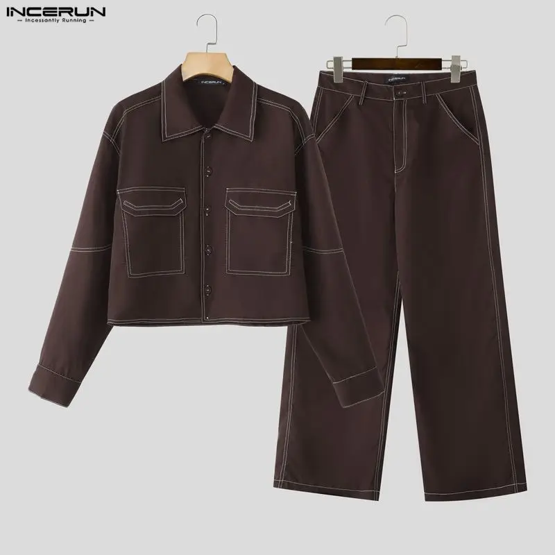 INCERUN Men Sets Solid Color Patchwork Lapel Long Sleeve Shirt & Pants Two Pieces Sets Streetwear Loose Fashion Casual Men Suits