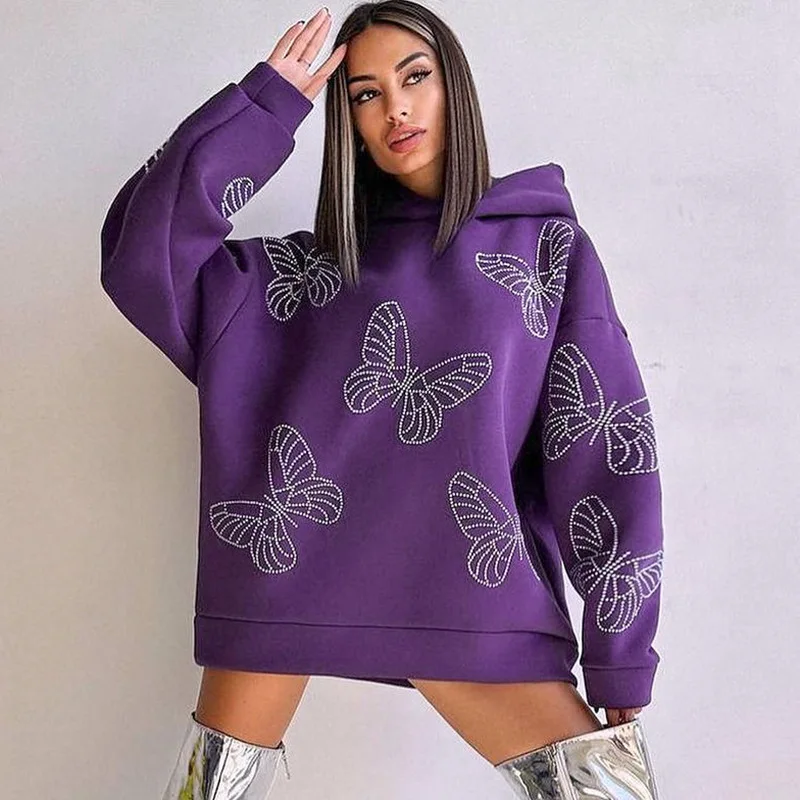 Purple Loose Hoodies Women Long Sleeve Iron-On Butterfly New Diamonds Graphic Hooded Sweatshirts Pullovers With Rhinestone