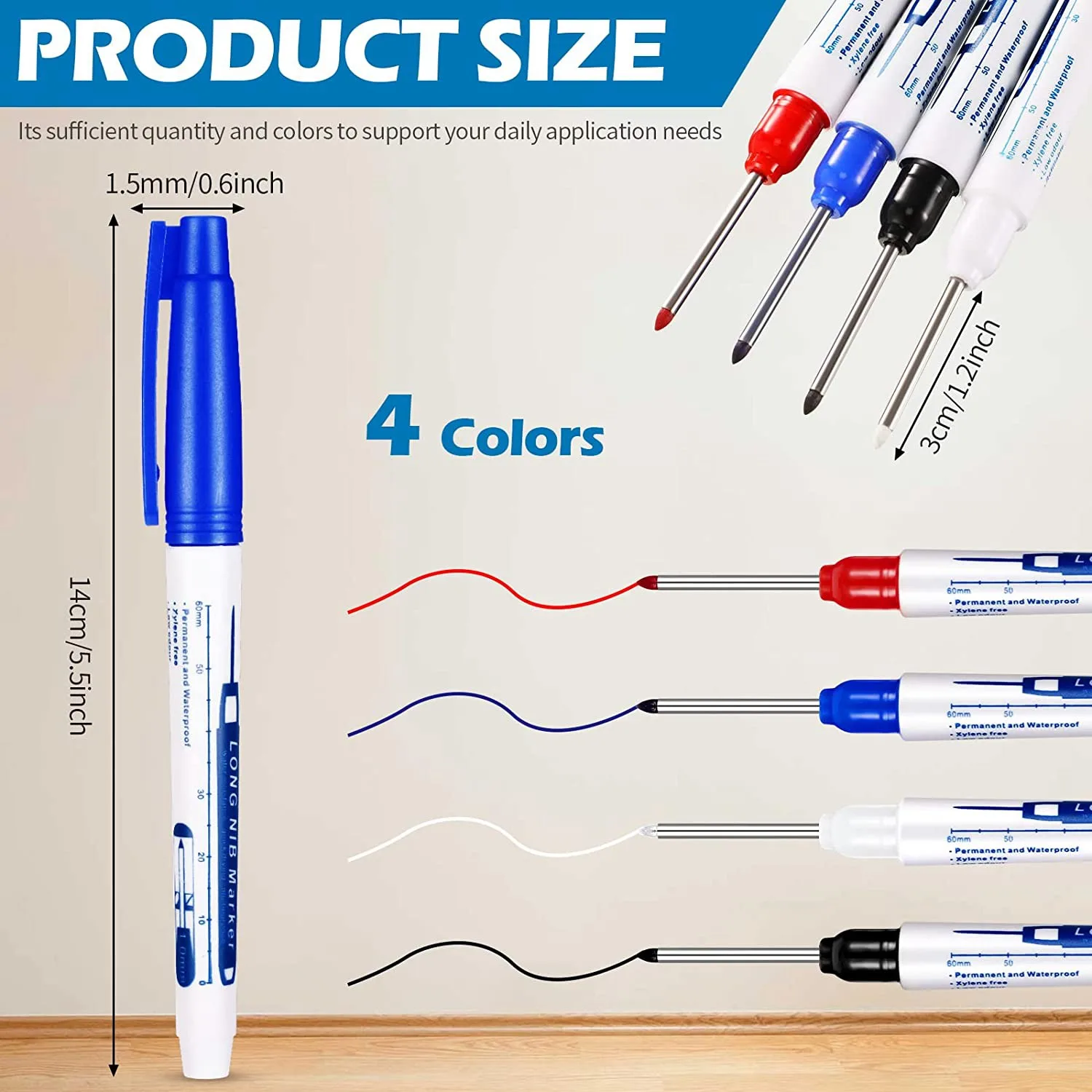 FTGT-4 Pcs Deep Reach Markers Long Nose Marker Waterproof Deep Hole Marker 30 mm Reach Permanent Markers, 4 Colors