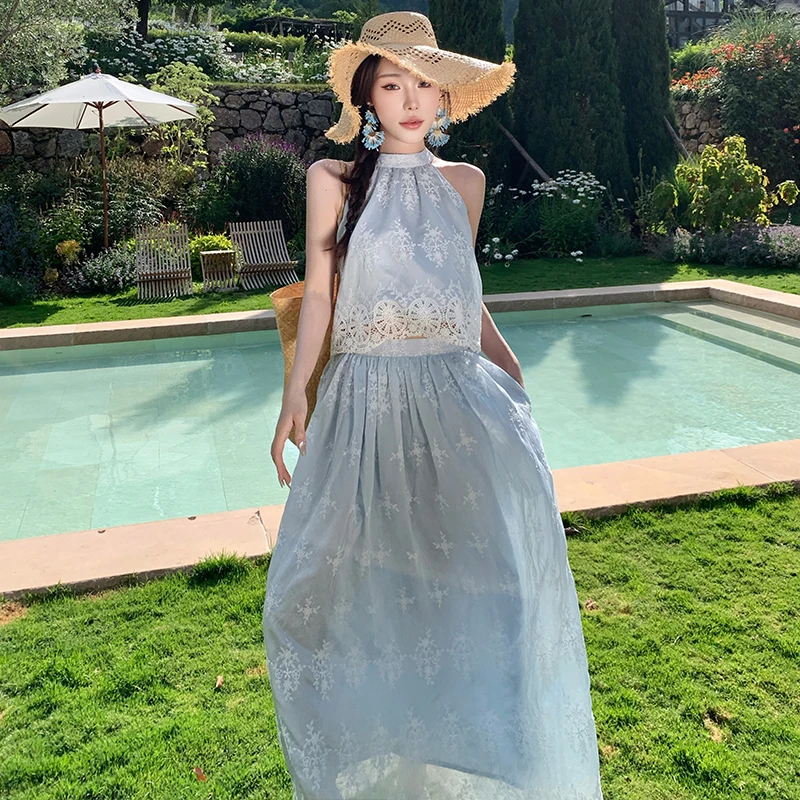 Ele Blue Embroidered Hollow out round Ne Svel Vest High Waist Lace Trim Maxi Skirt Holiday Outfit Women's Faion...