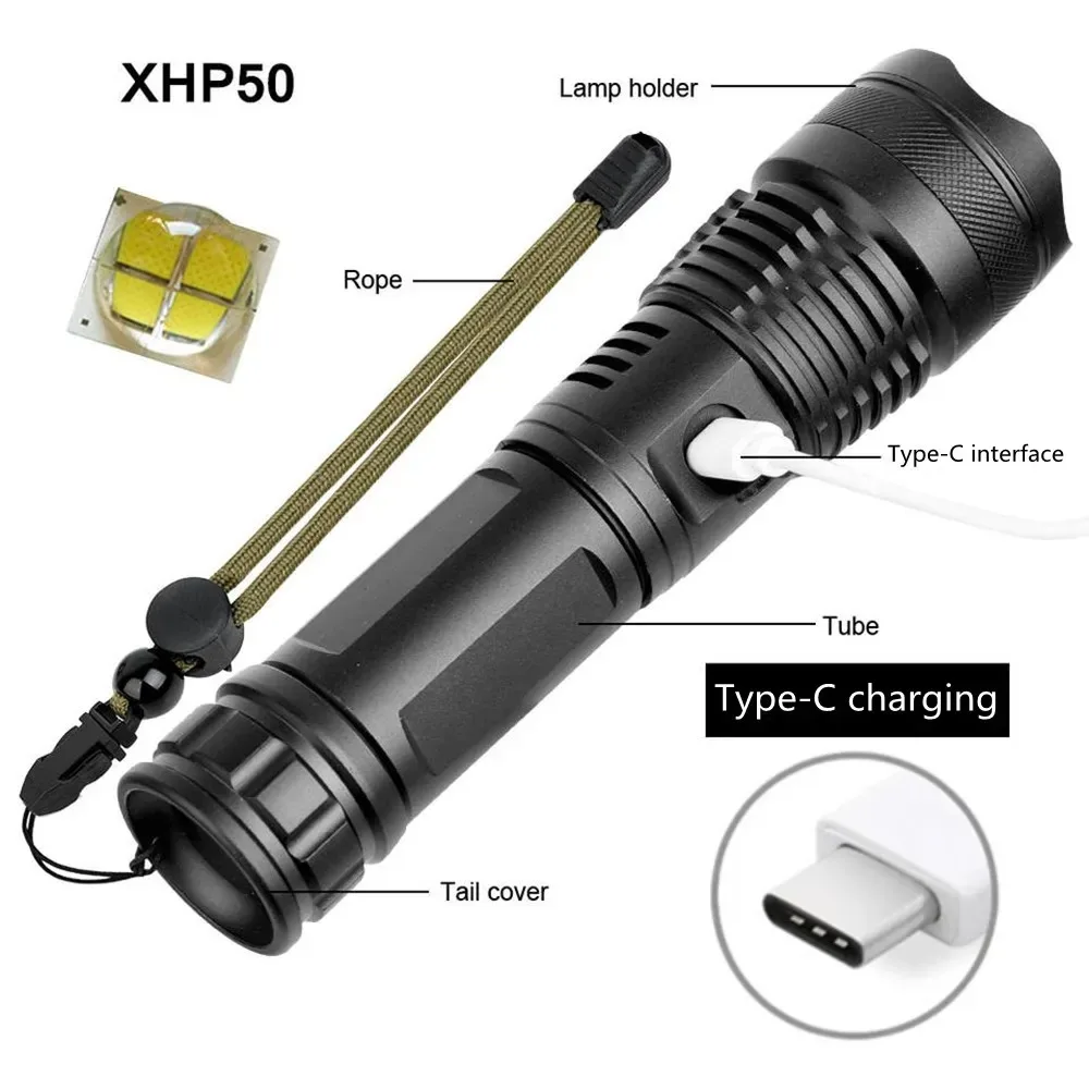 Zoom Hand Lantern High Power 4-Core XHP50 LED Flashlight Type-C USB Rechargeable Torch With 18650 Battery Camping Outdoor Lamp