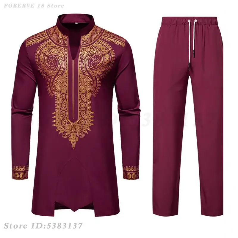 Fashion African Clothing Retro Ethnic Style Muslim Robe Trousers Suit Men Traditional Print Golden Flowers Shirt Cosplay Costume