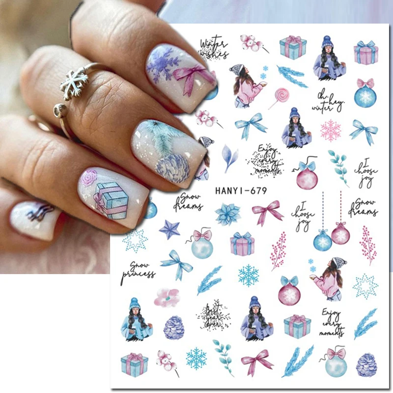 Nail Art 3d Decals Winter Christmas Trees Leaves Girl Snowflake Adhesive Sliders Nail Stickers Decoration For Nail Tips Beauty