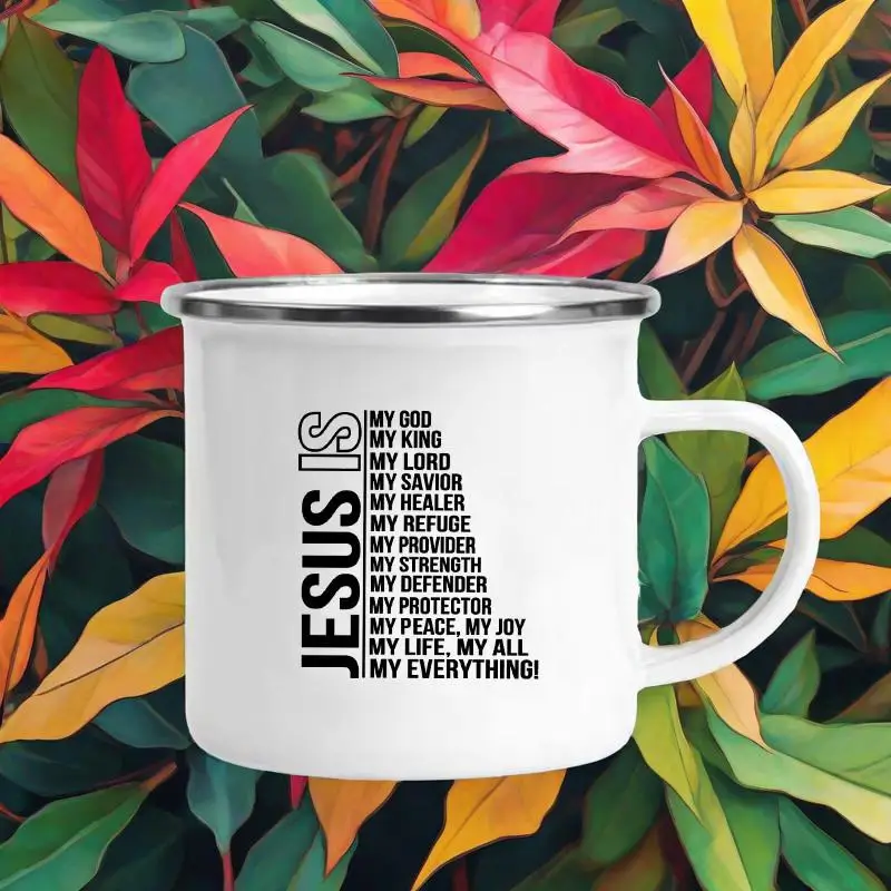 

Jesus Is God Print Enamel Mugs Christian Creative Coffee Cups Drink Dessert Breakfast Milk Cup Vintage Mug Handle Drinkware Gift