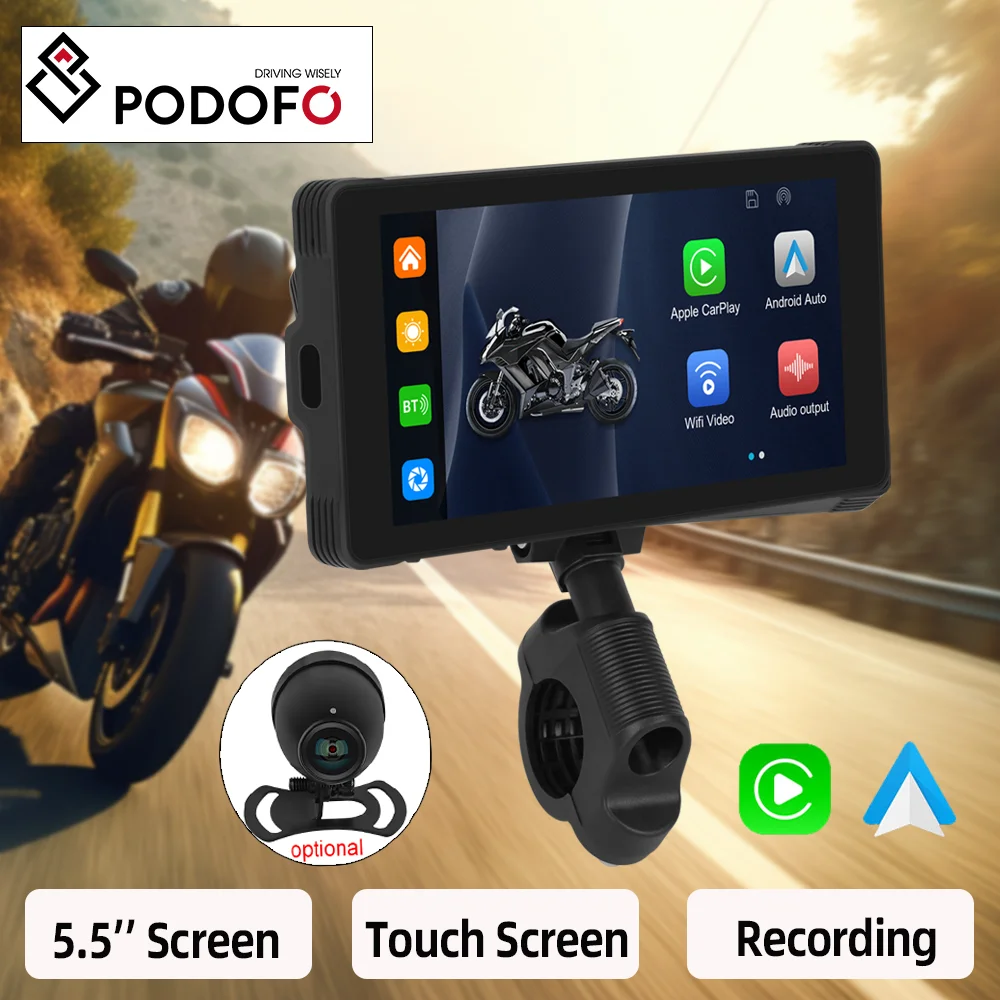 

Podofo Motorcycle Dashcam DVR Dual Wide Angle Waterproof Camera Video Recorder With 5.5'' Touchscreen Carplay Android Auto