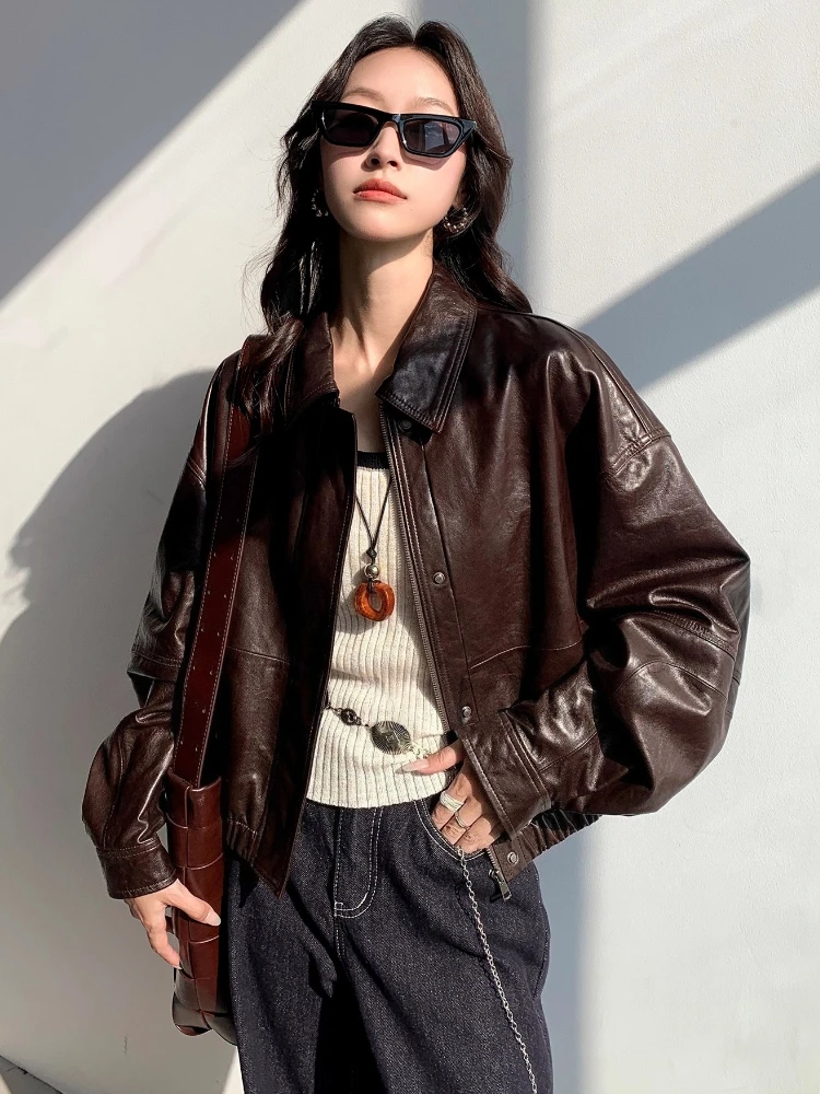 カジュアルショート本革ジャケット レディース 春秋 2025 新作 高級 シンプル 無地 ソフトオイルワックス 本革シープスキンコート