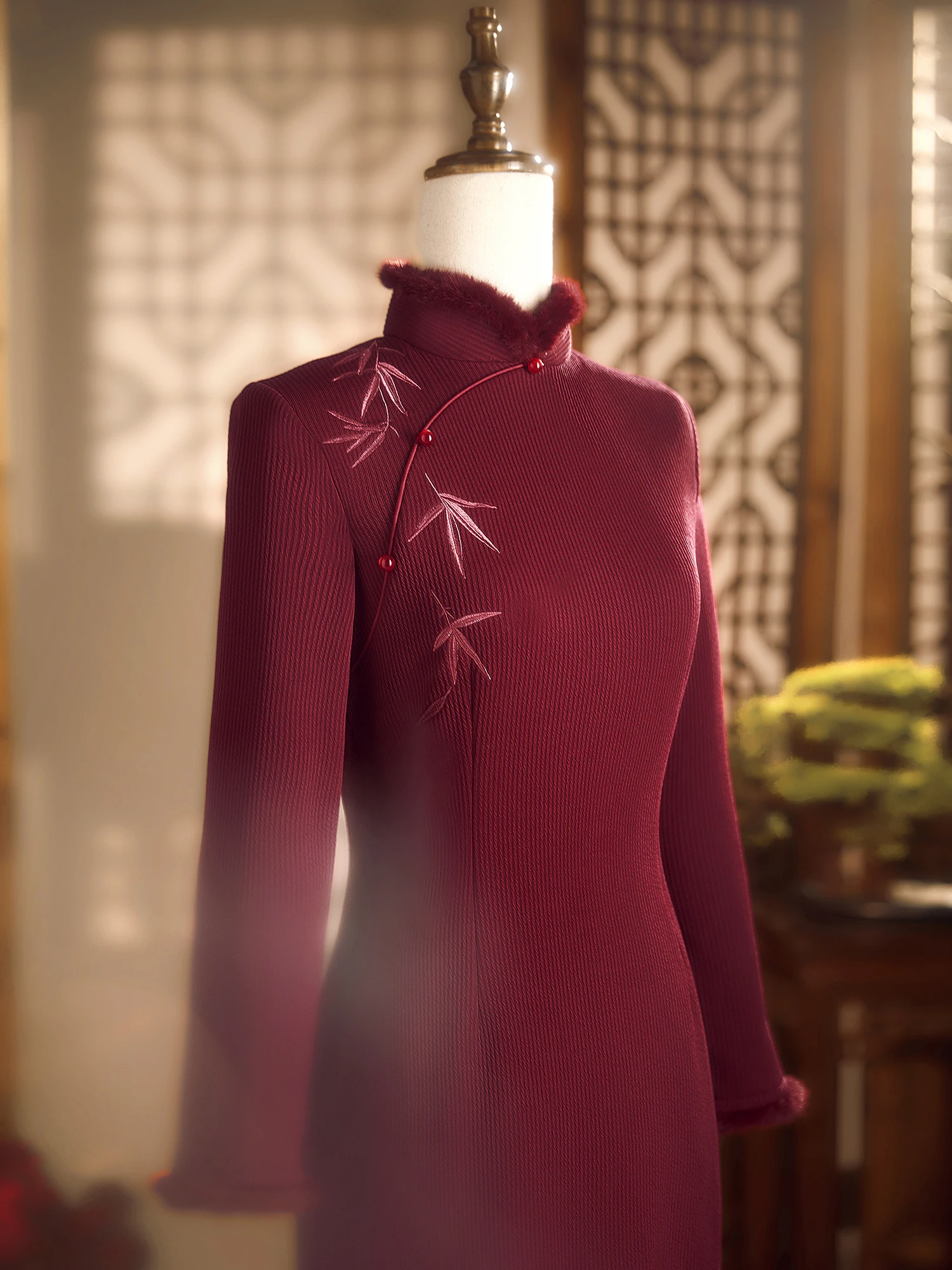 

Ele Long Embroidered Fro Coat Wedding Dr Winter New Arrival Slim Fit Faux Fur Lined Traditional Chinese