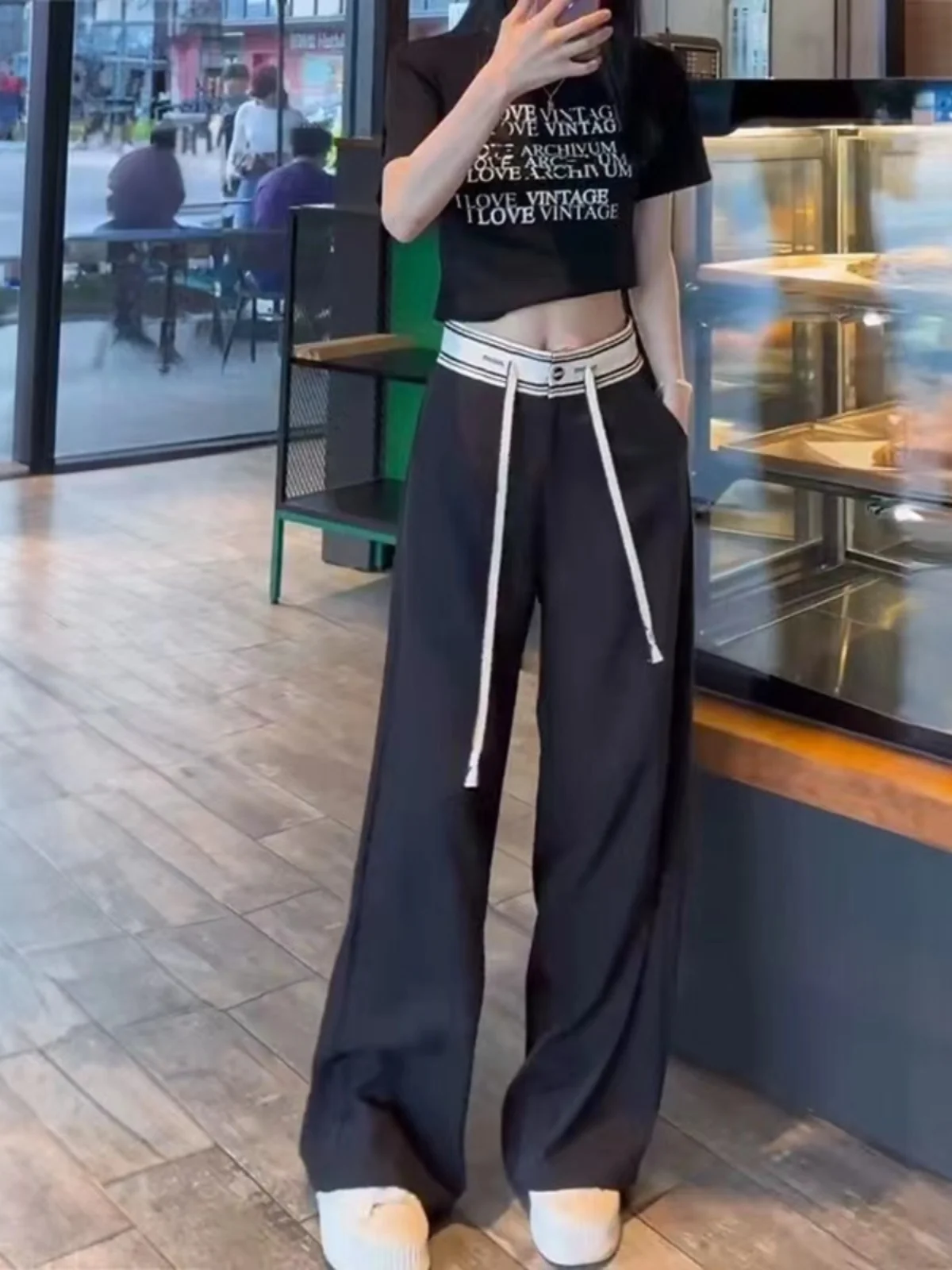 Verão 2025 cintura alta calças de perna larga feminina casual solto encaixe em linha reta até o chão calças casuais versáteis