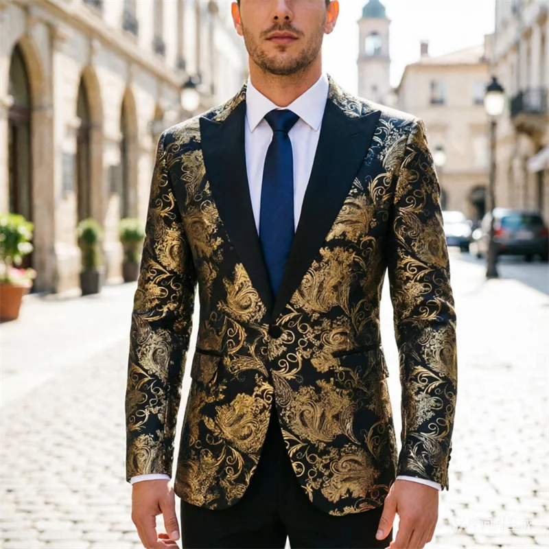 

New men's retro gorgeous black gold cashew flower suit top, men's bar singer host stage performance uniform 'European size'