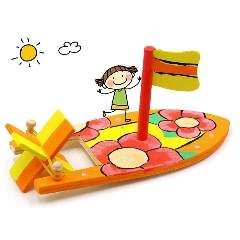 Wooden sailboats creative painted white models children's coloring DIY boats handmade material bags Wood Boat Model Sets