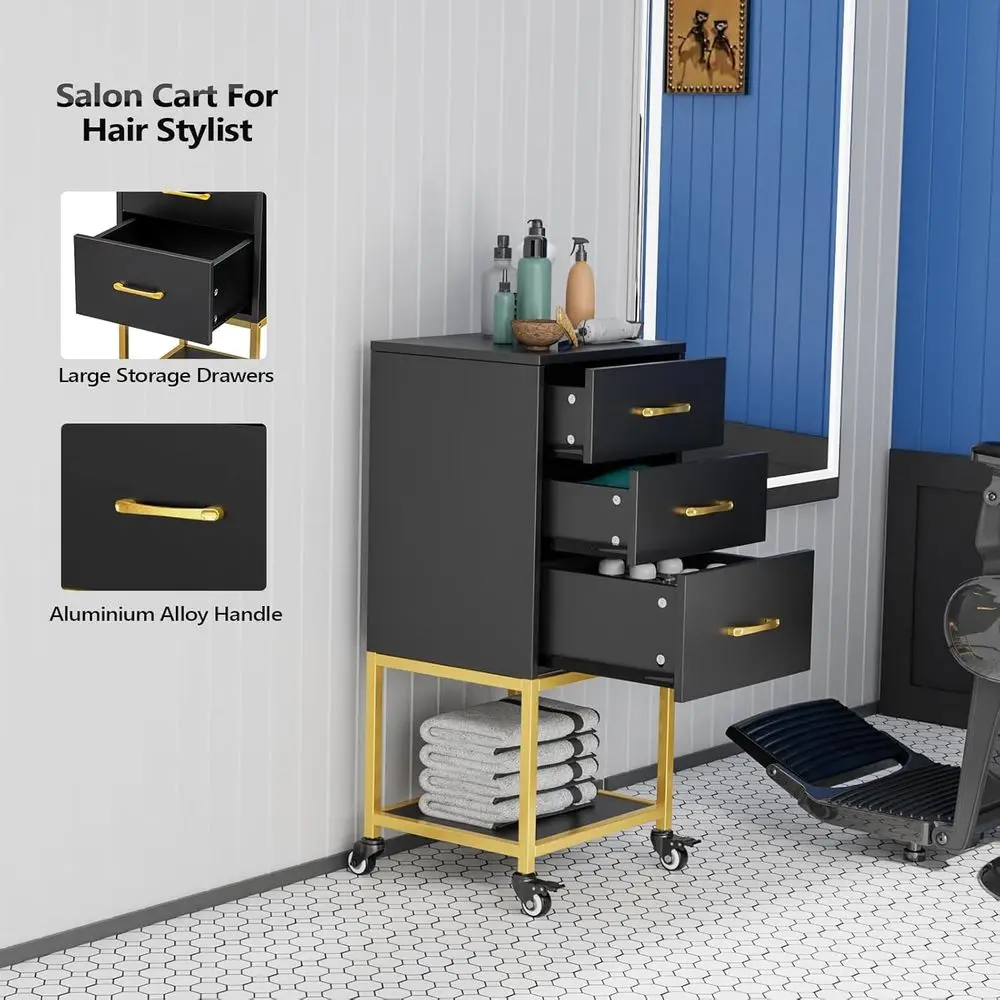 عربة صالونات التجميل باللون الأسود والذهبي مع عجلات وحامل مجفف الشعر وأدراج ورف تخزين مفتوح