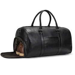 Bolso de viaje de cuero para hombre y mujer, bolsa de lona de cuero de vaca Real con bolsillo para zapatos, color negro