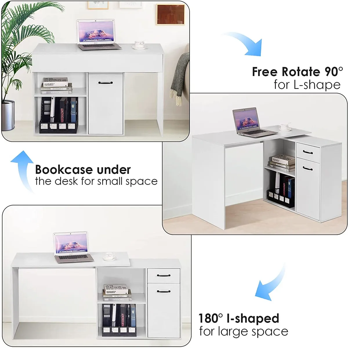 Wooden Computer Desk Foldable With 2 Drawers 2 Rotating Corner Shelves Compartment Office Living Room Kitchen Versatile Table