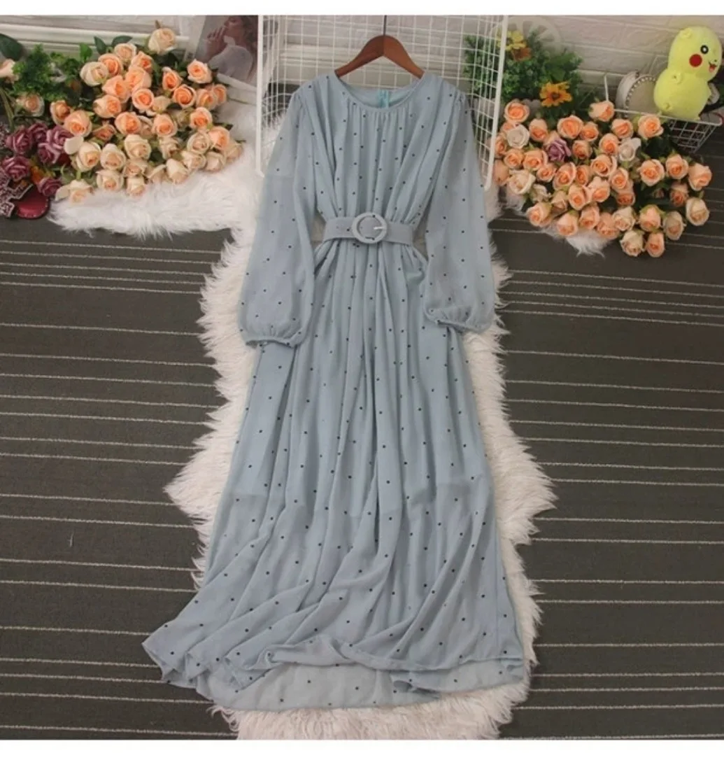 Vestido de chiffon de bolinhas, manga comprida lanterna, gola redonda, emagrecimento da cintura, linha A, estilo suave e retrô, vestido muçulmano,