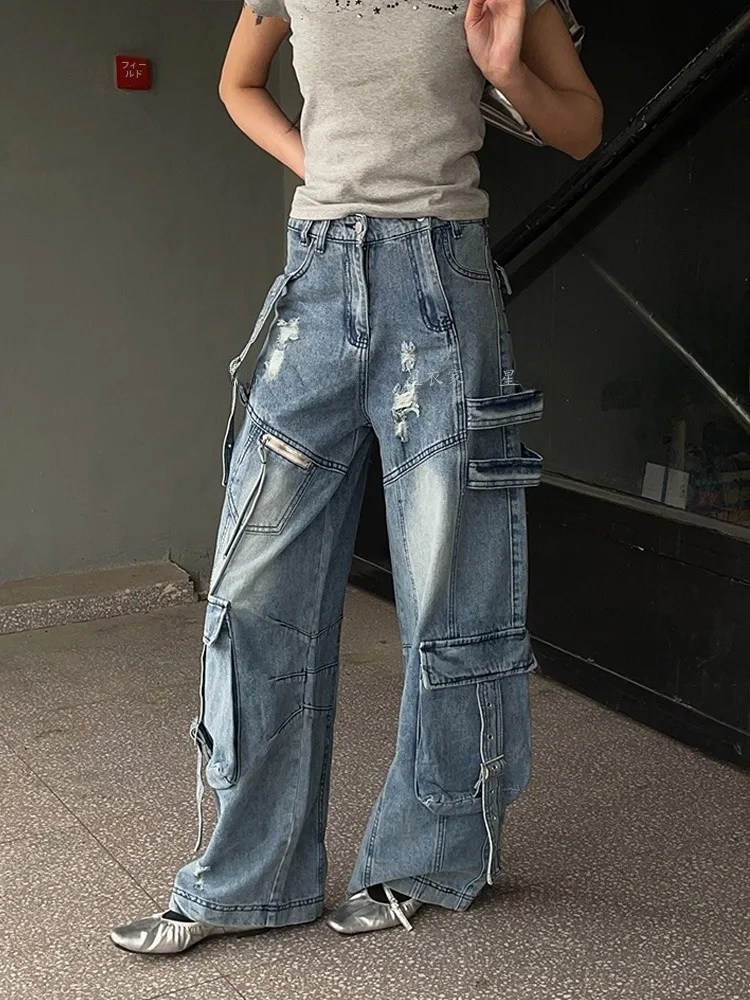 American Retro Design Multi-Pocket Bombshell Work Pants Women Casual Loose BF Lazy Style Casual Dragging Pants