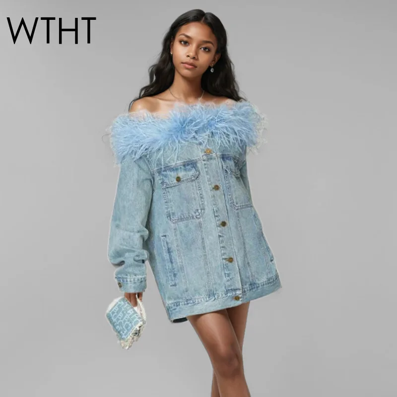 WTHT Trendy Women's Spliced Feather Off-shoulder Denim Jacket 2025 Spring Fashion Single Breasted Long Sleeve Coat Female 1LS694