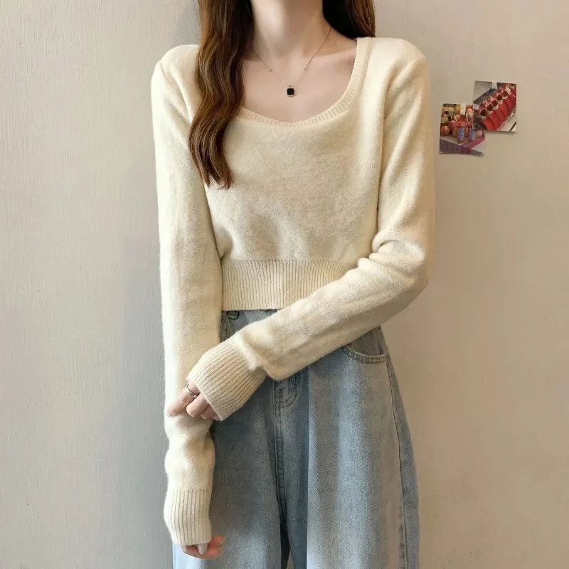 Women Square Neck Knit Sweater Cropped Long Sleeve Soft Warm Base Top For Petite Figures