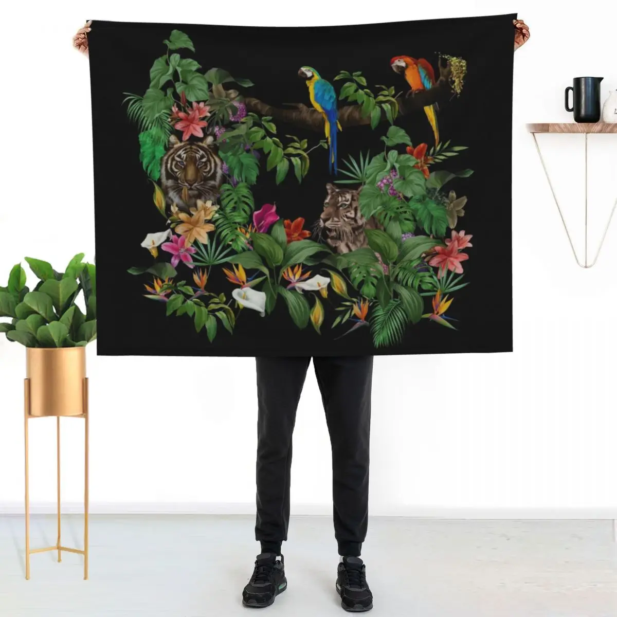 

Jungle pattern.Leopard and parrot ,tropical leaves and flowers.Dark exotic forest. Throw Blanket