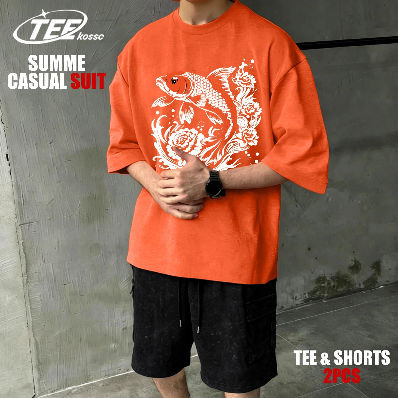 

Японская креативная футболка Harajuku с изображением лотоса и карпа кои для мужчин, универсальная повседневная хлопковая летняя футболка с коротким рукавом, комплект в стиле хип-хоп, уличная одежда с круглым вырезом