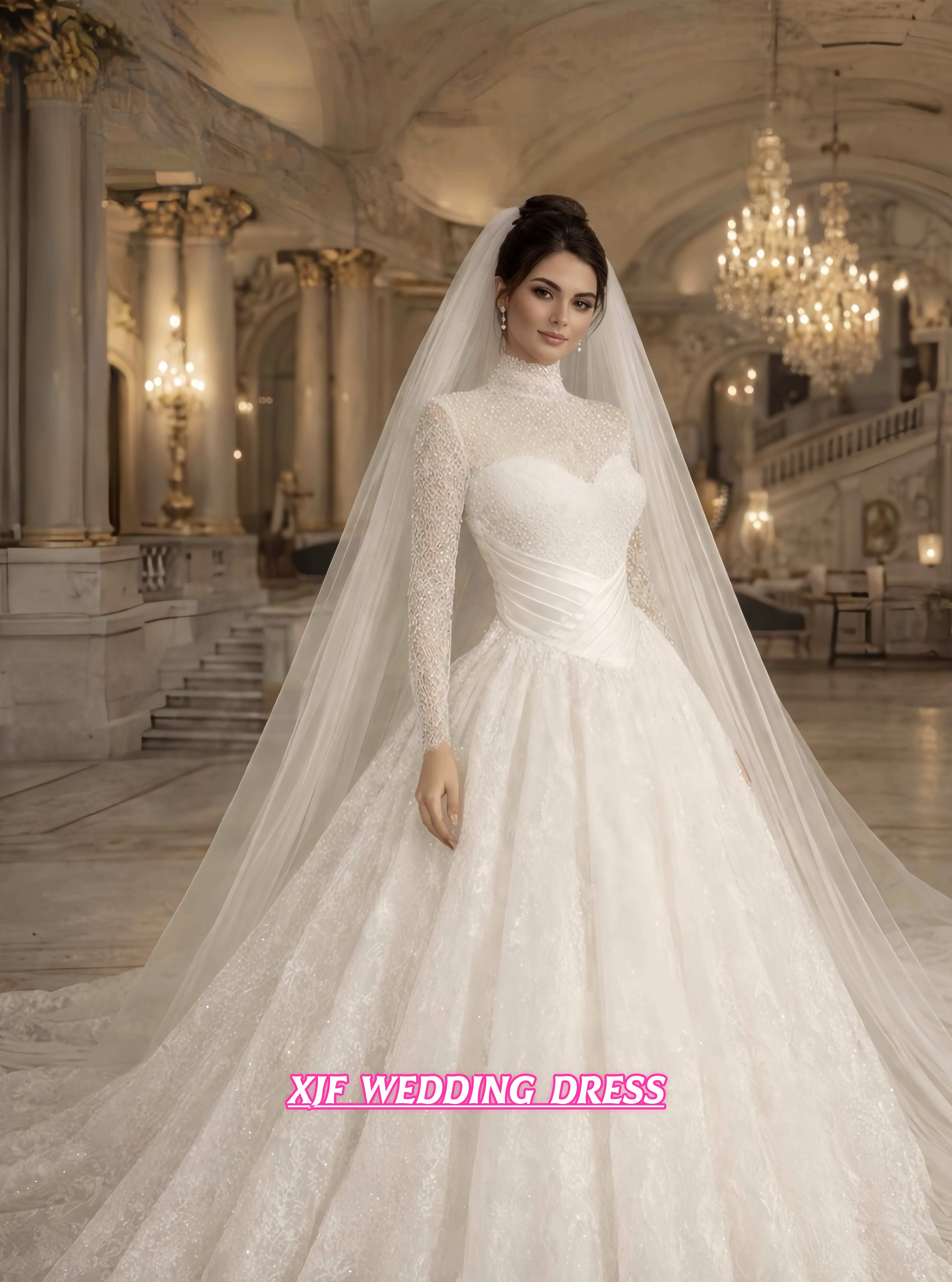 Maßgeschneiderte wunderschöne Ballkleid-Hochzeitskleider, Brautkleid mit hohem Kragen, langen Ärmeln, Spitzenapplikationen, saudi-arabische Brautkleider