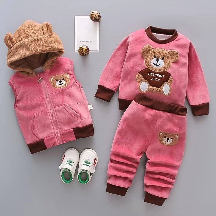 Children's Cartoon Long Sleeved Set Winter New Plush insulation set Baby Double-sided velvet hood Korean casual three piece set