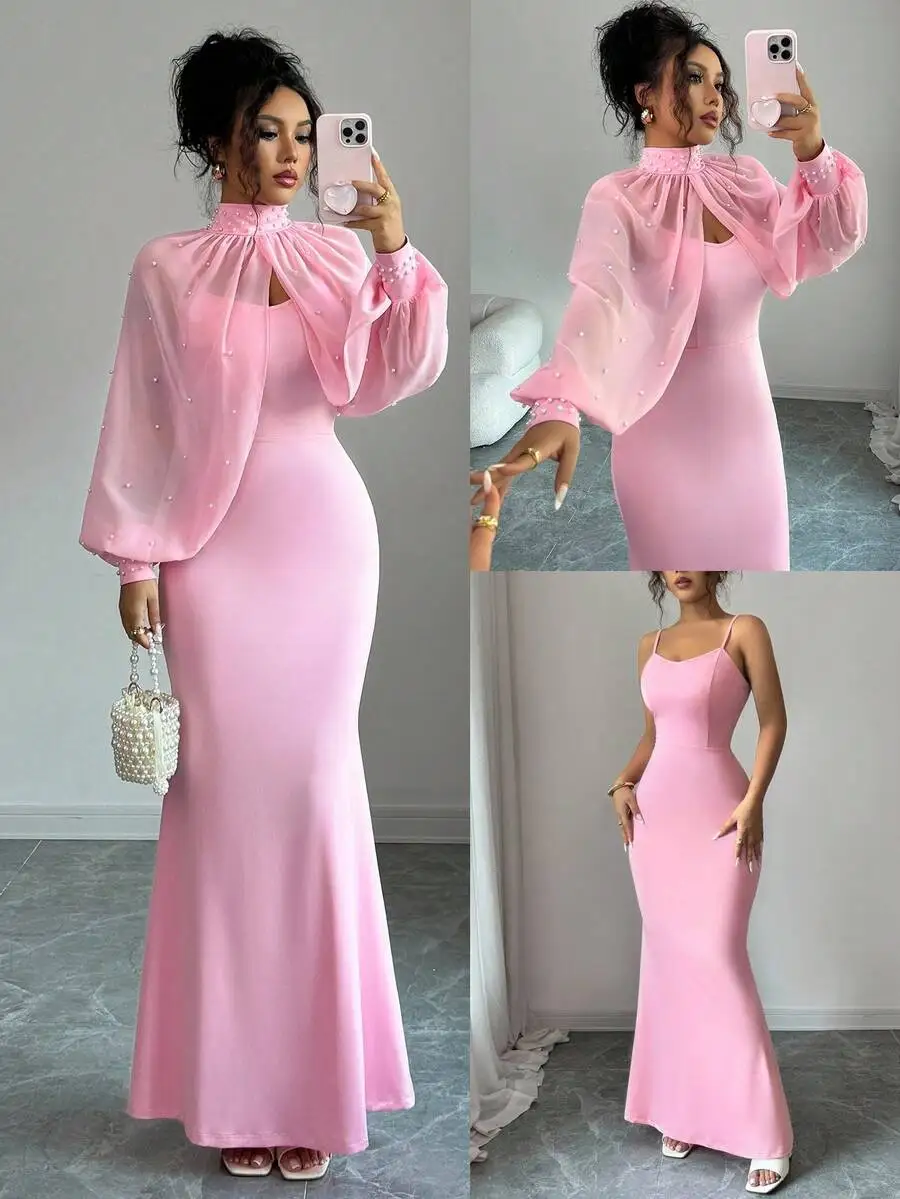 

Elegant Pink Mermaid Slip Dress with Beaded Sheer Capelet Top