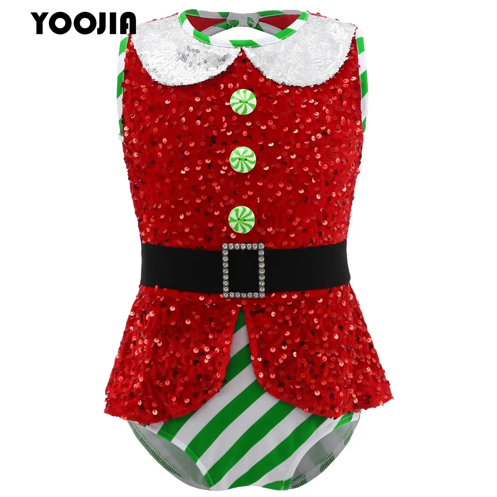 

Kids Girls Candy Cane Christmas Dance Bodysuit Jumpsuit Costume Striped Sequins Xmas Holiday Ballet Gymnastic Leotard Unitard