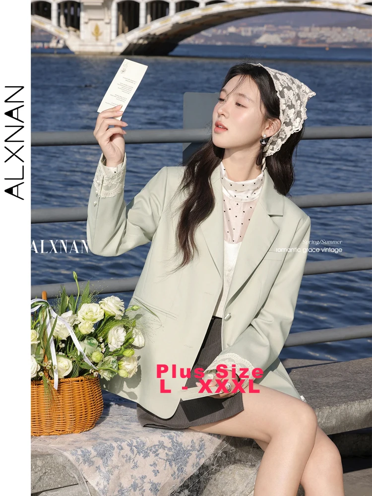 

ALXNAN Plus Size Blazers Casual Office Lady Women's Long Sleeve Coat 2025 Fall Light Green Elegant Fashion Outerwears D09192