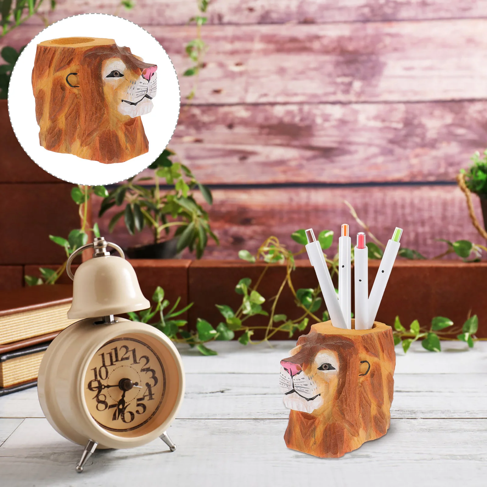 Lion Head Pen Holder Desktop Office Home Decor Wood Carving Cylinder Animals Handicraft