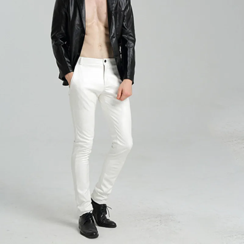 New Men's Pu Pantsmen Pu Pants 2023 Spring Leather Trendy Male Casual White Trousers Sexy Faux Skinny Streetwear